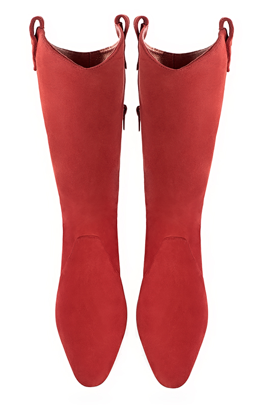 Scarlet red women's mid-calf boots. Round toe. Medium block heels. Made to measure. Top view - Florence KOOIJMAN